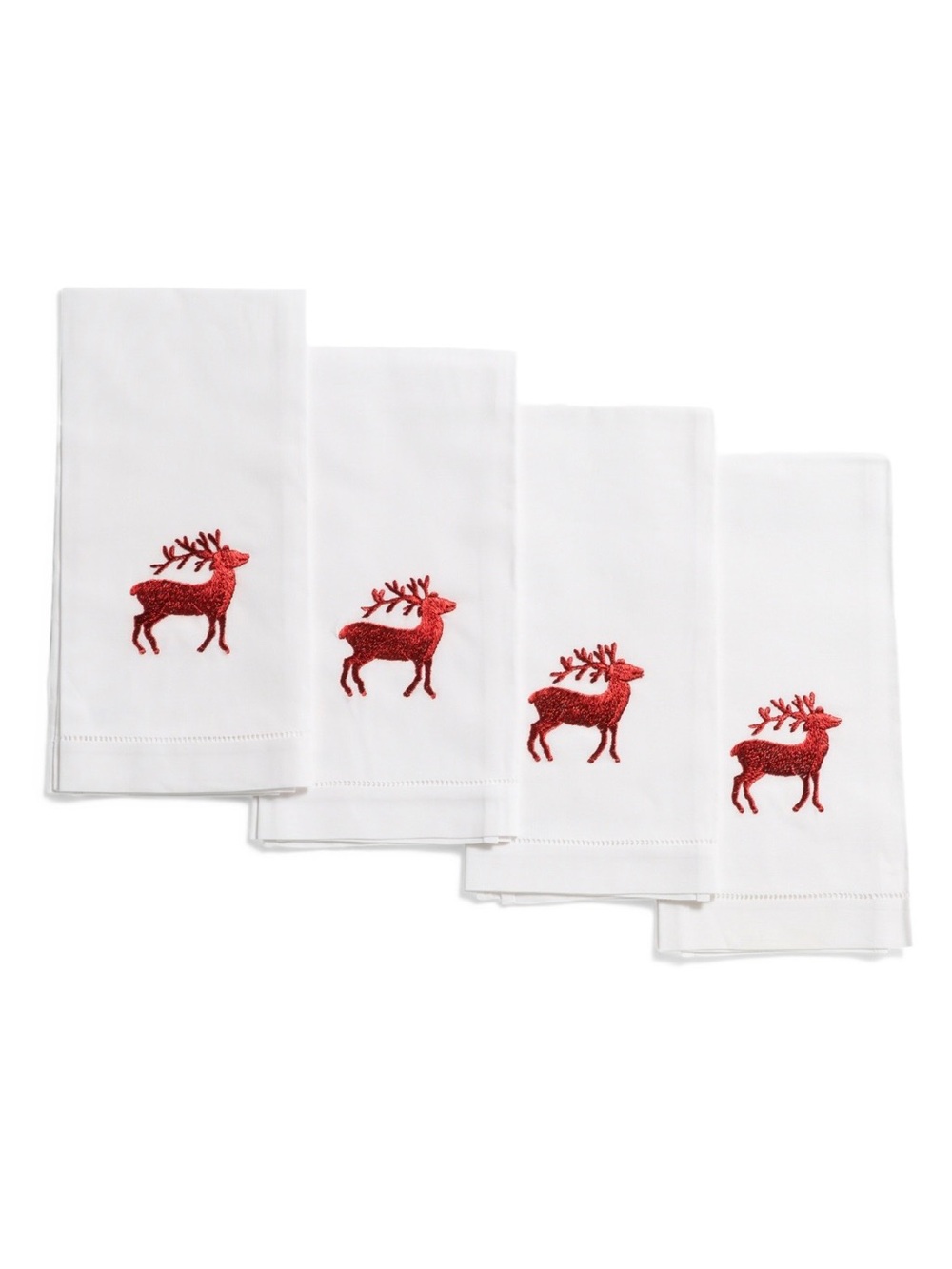 Henry Handwork Red Reindeer Hand Towels Set of 4 Christmas Holiday Linens NEW